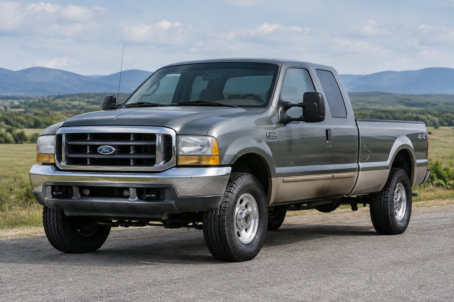 A 1999 Ford F-250 Super Duty parked on a rural road.