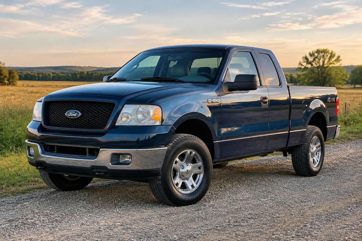 A dark blue 2004 Ford F-150 parked on a gravel road beside a field.