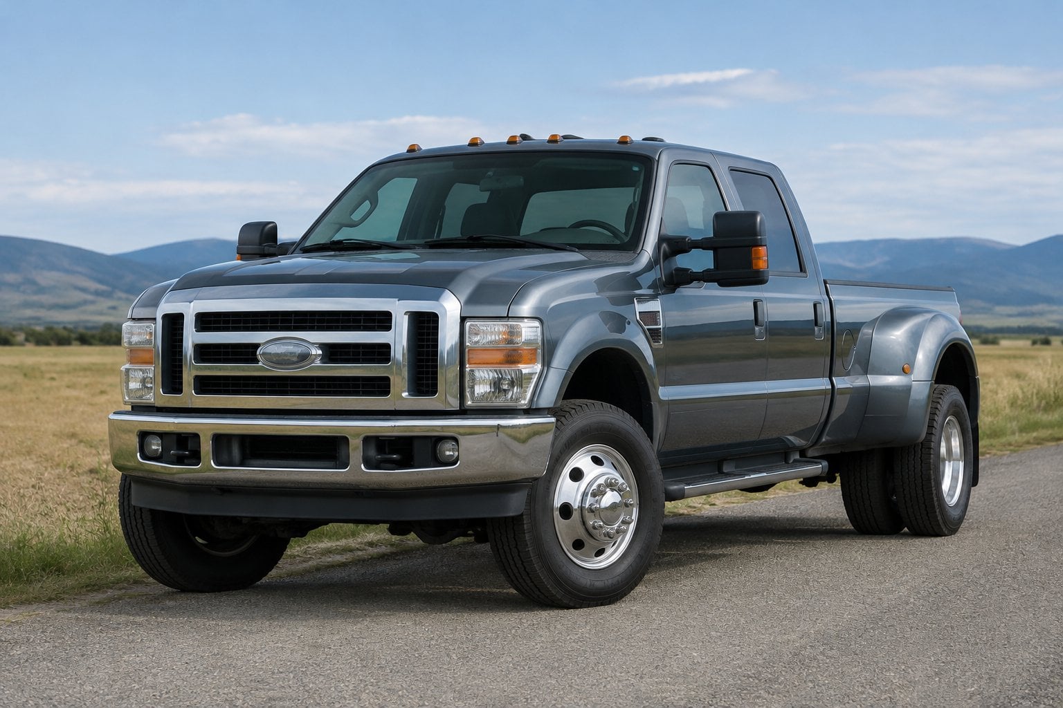 A heavy-duty pickup truck parked on a rural road beside an open field.