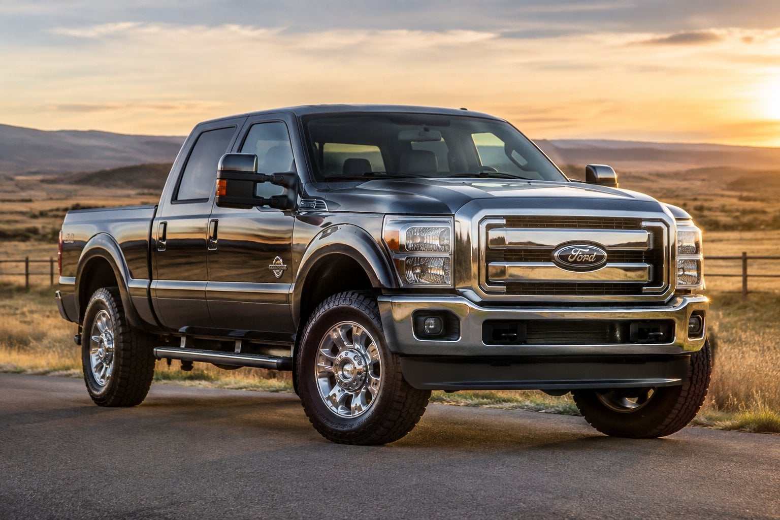 A heavy-duty Ford pickup parked on a quiet road beside open ranch land.