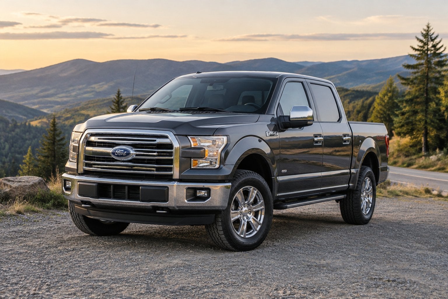 A 2015 Ford F-150 parked on a gravel turnout beside a mountain road.