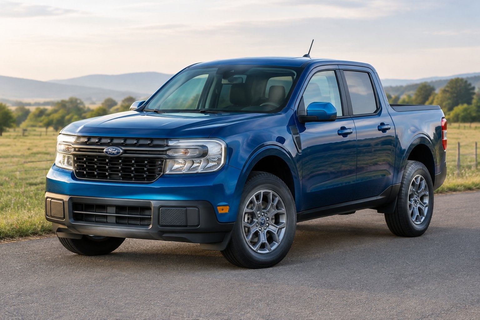 A blue compact pickup truck parked on a quiet country road.