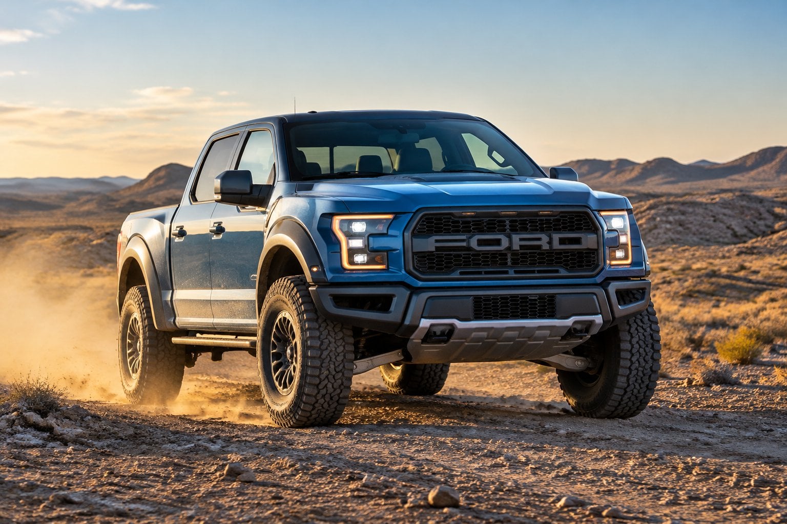 A pickup truck drives along a rugged desert trail.