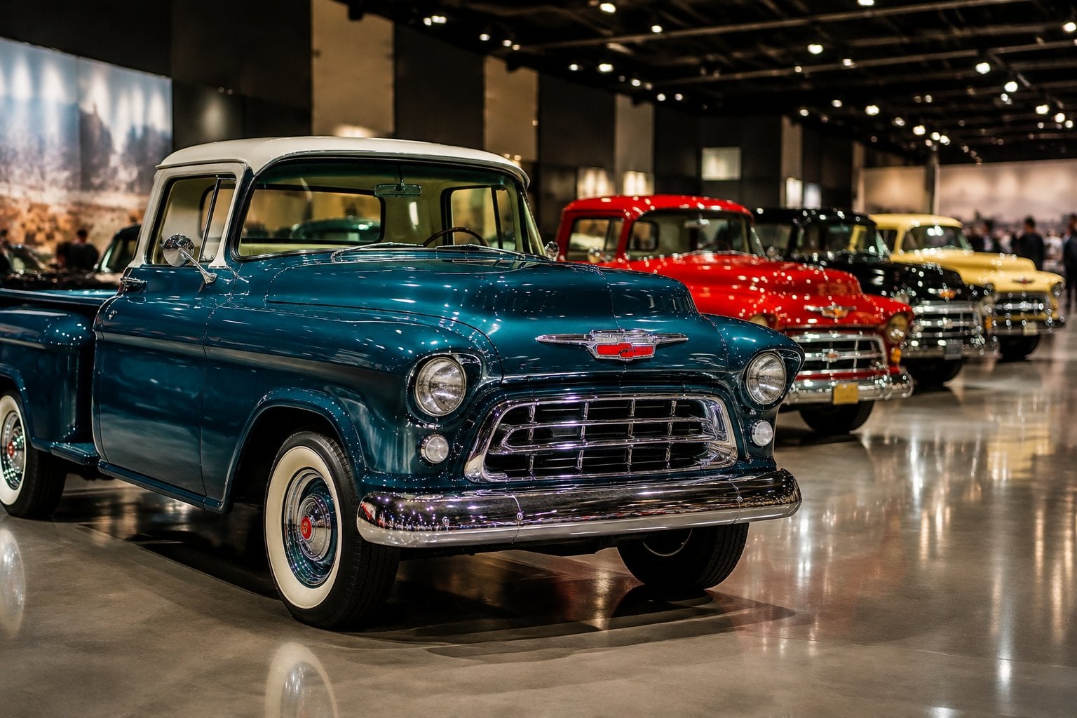 A lineup of vintage pickup trucks displayed in an auction hall.