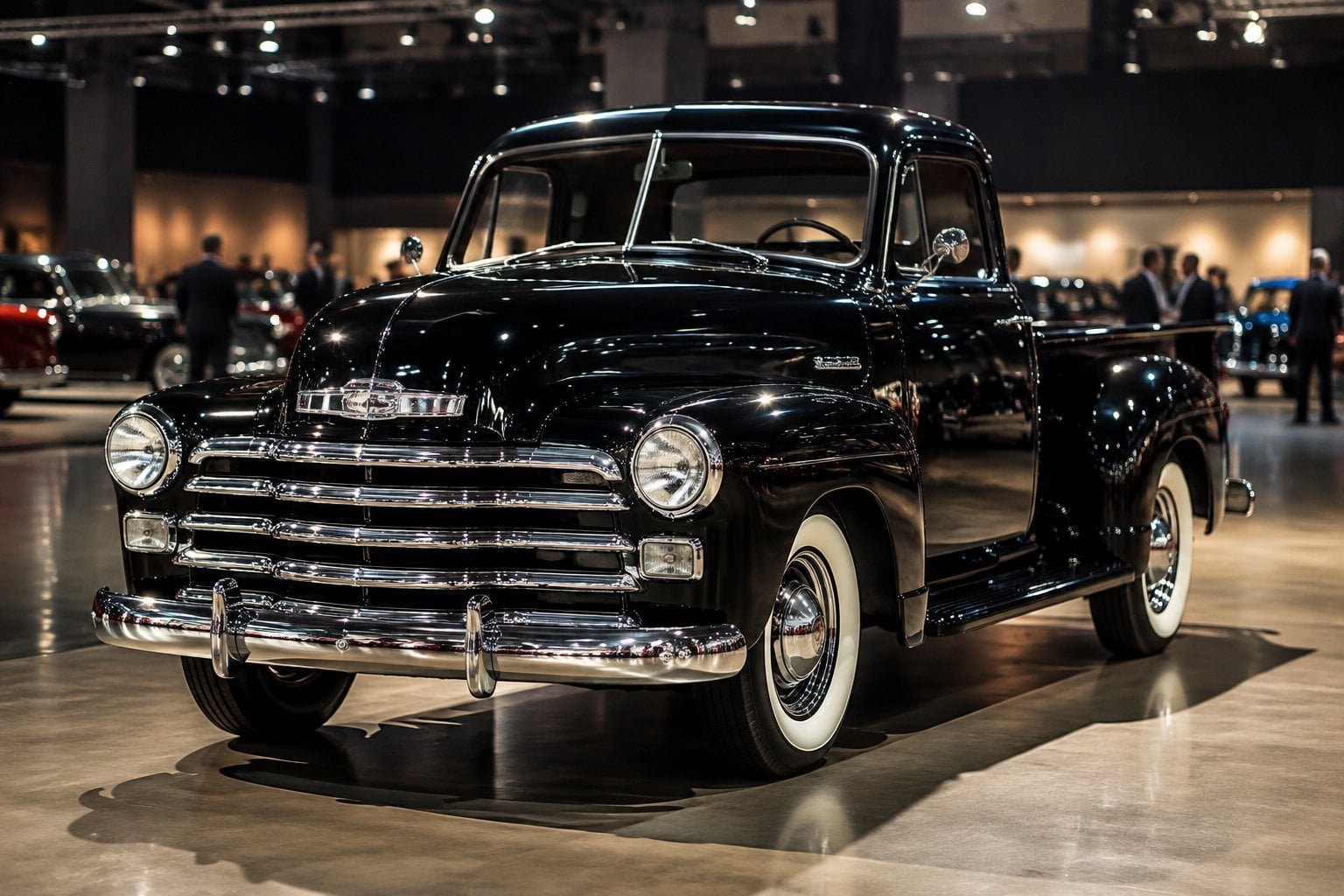 A restored vintage Chevrolet pickup displayed in an auction hall.