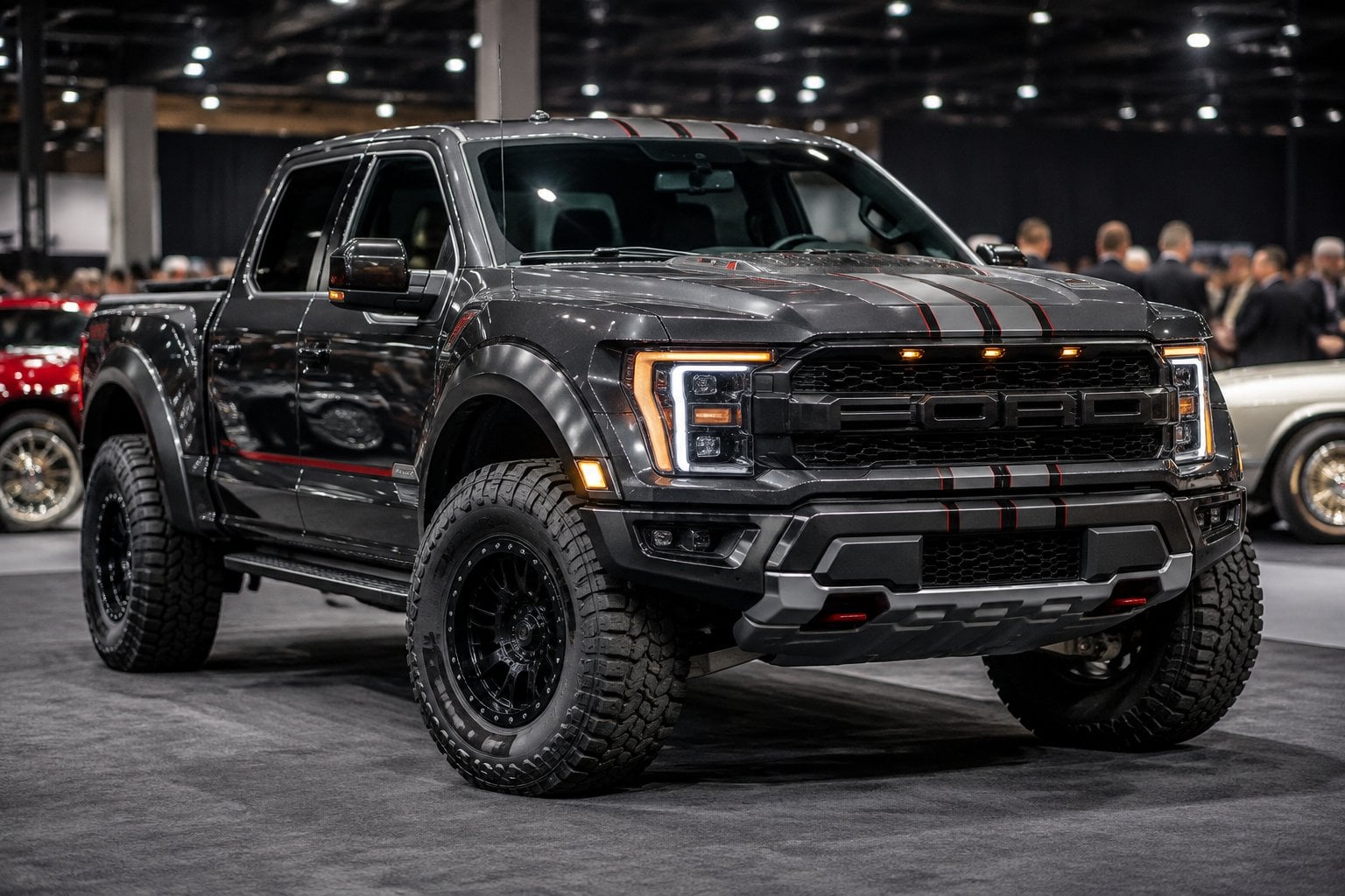 A customized performance pickup truck displayed at an auction.