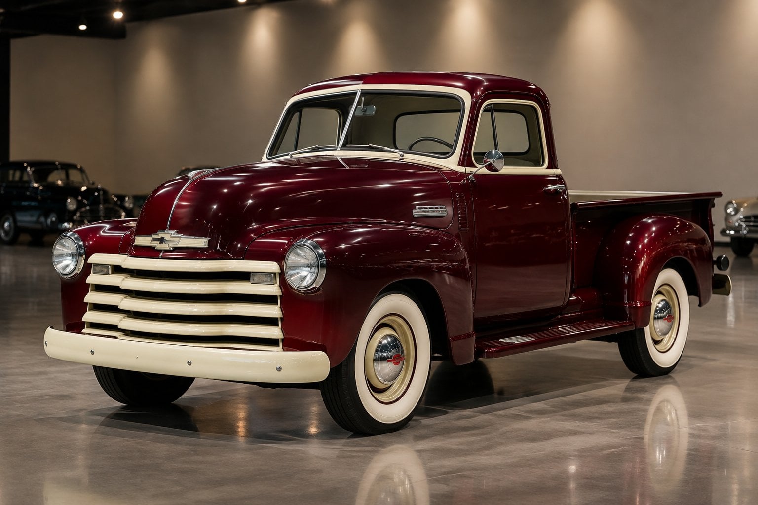 A restored burgundy vintage pickup truck displayed at an indoor auction.