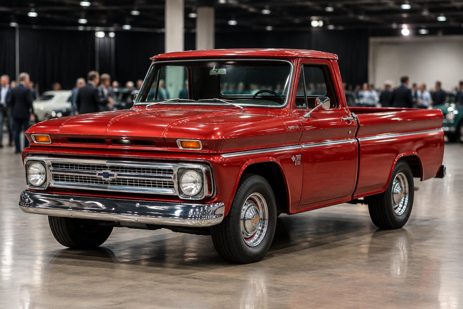 A restored red 1966 Chevrolet C10 pickup displayed at an auction venue.