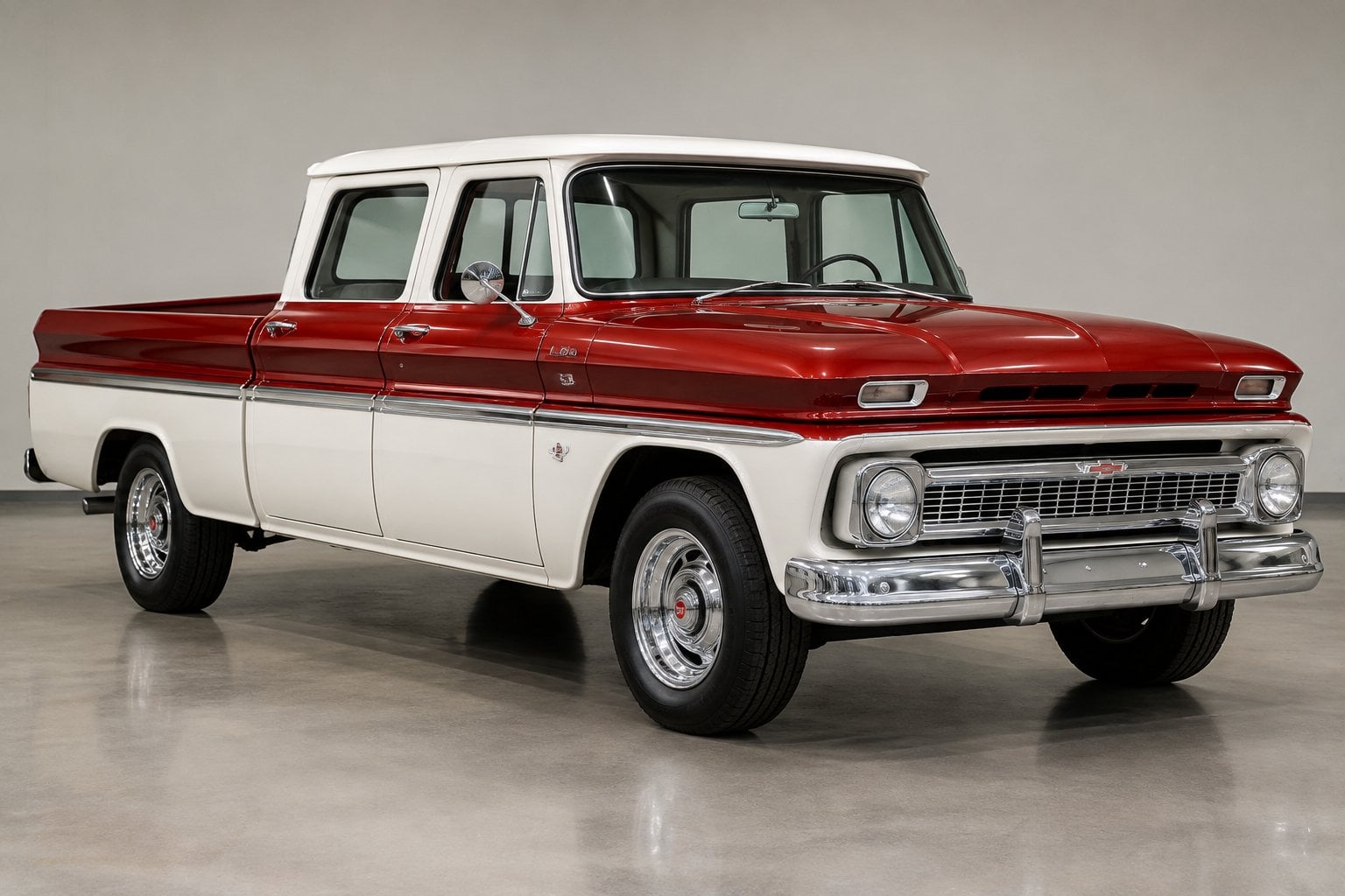 A restored red-and-white vintage Chevrolet crew-cab pickup truck in a showroom.