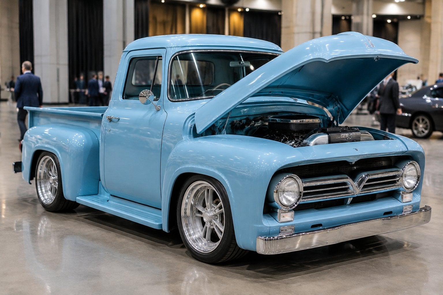 A custom 1956 Ford F-100 pickup truck with its hood open at an auction venue.