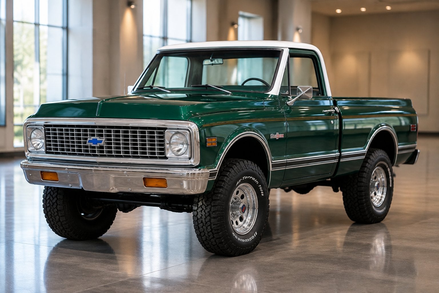 A vintage green and white pickup truck displayed inside an auction pavilion.