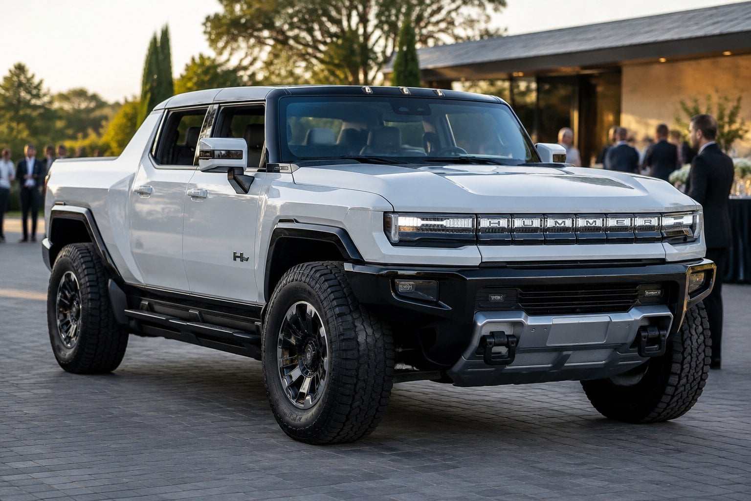 A GMC Hummer EV pickup truck parked outside an auction venue.