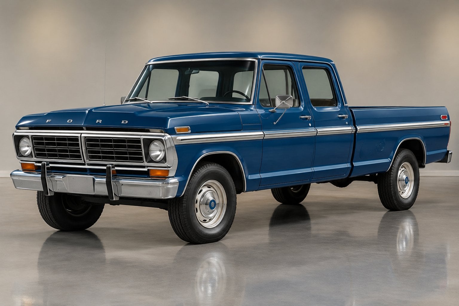 A restored blue 1972 Ford F-250 crew-cab pickup truck displayed indoors.