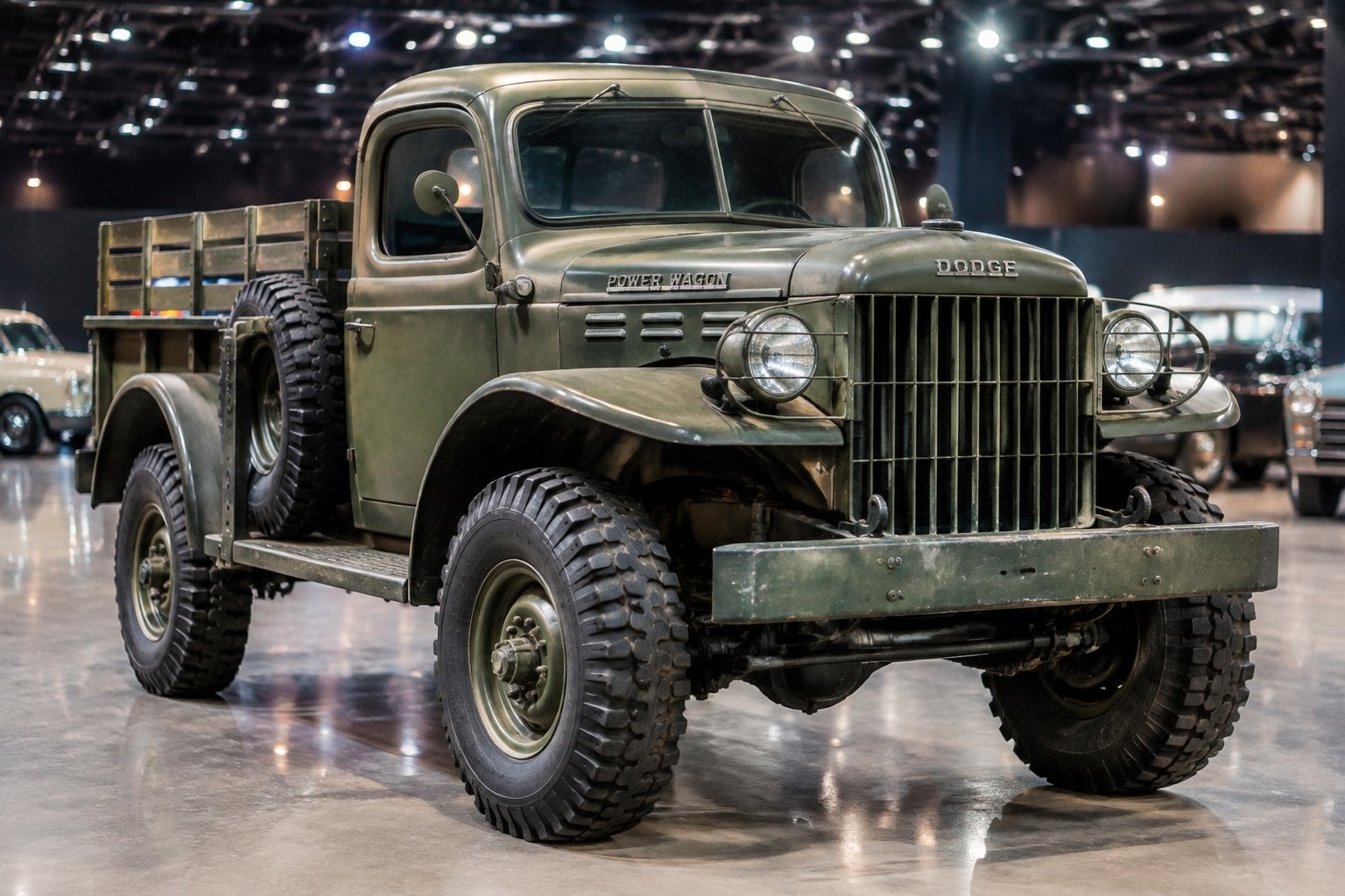 A vintage olive-drab Dodge Power Wagon displayed at a classic vehicle auction.