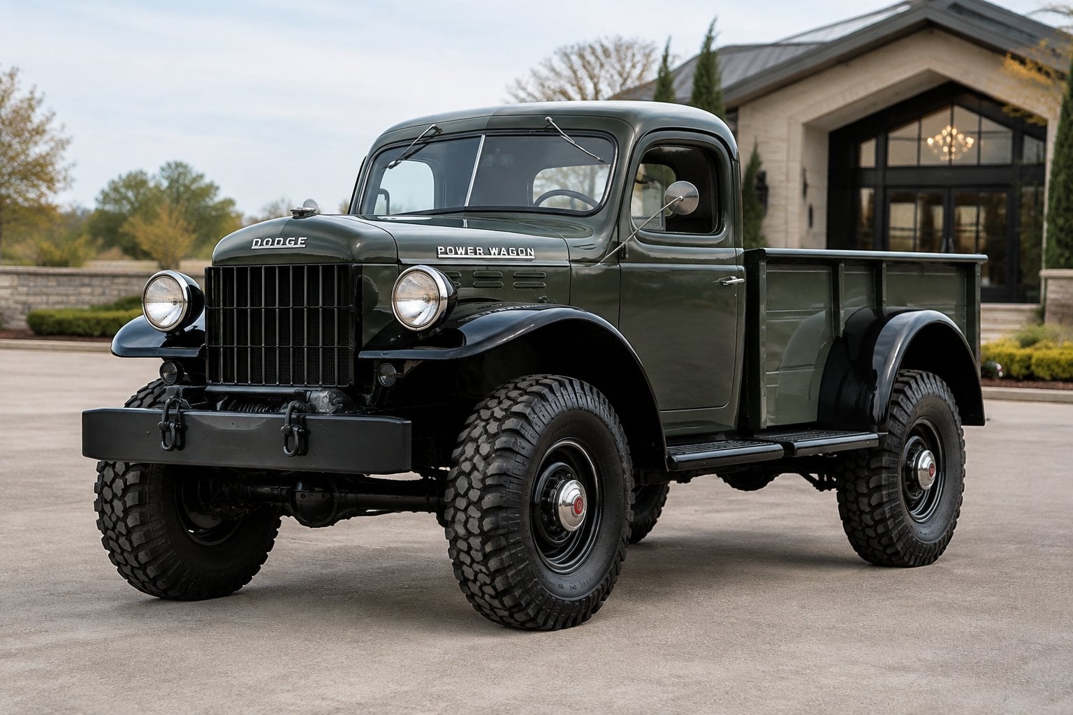 A restored vintage Dodge Power Wagon pickup parked outside an auction venue.