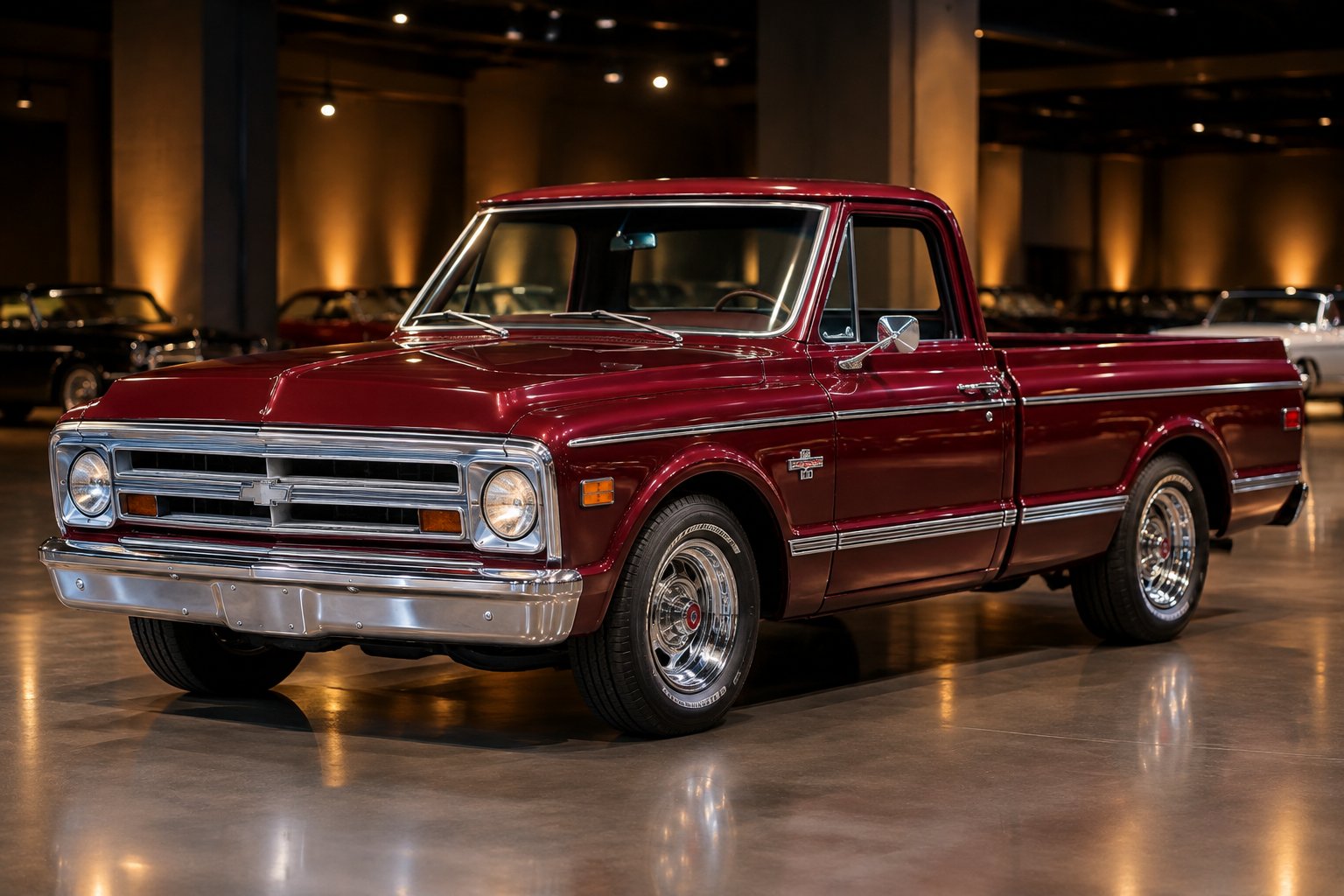 A restored burgundy vintage Chevrolet pickup truck displayed at an auction.