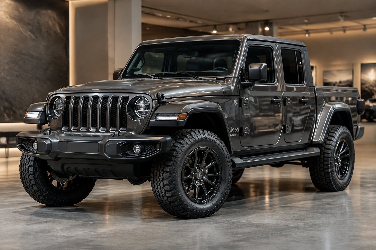 A customized Jeep Gladiator pickup truck displayed on an auction-house floor.