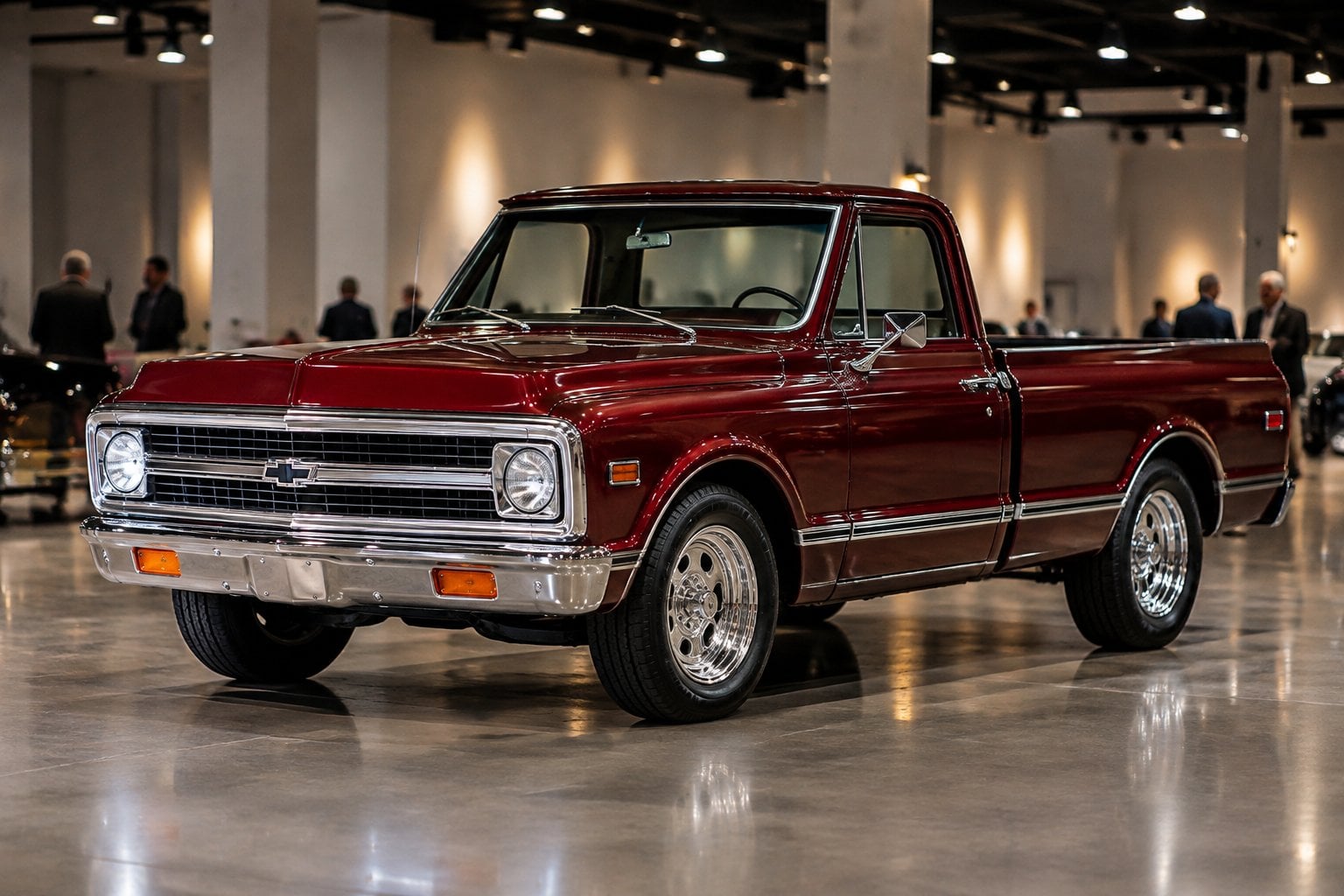 A restored vintage pickup truck displayed inside an auction venue.