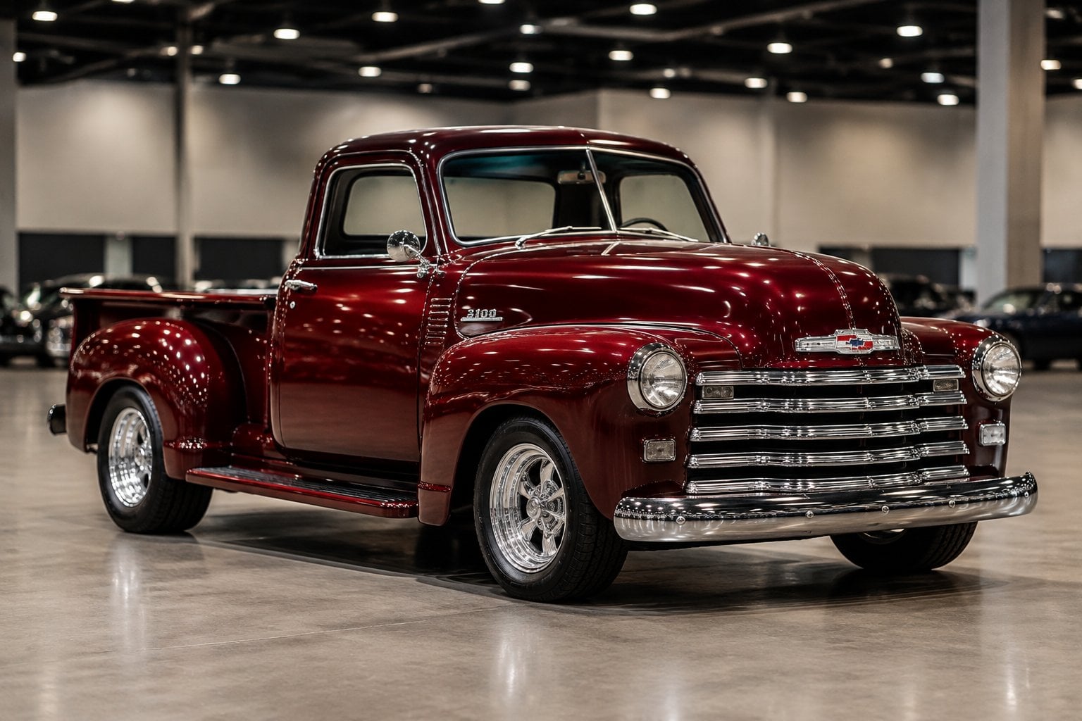 A restored burgundy 1950 Chevrolet pickup truck displayed in an auction hall.