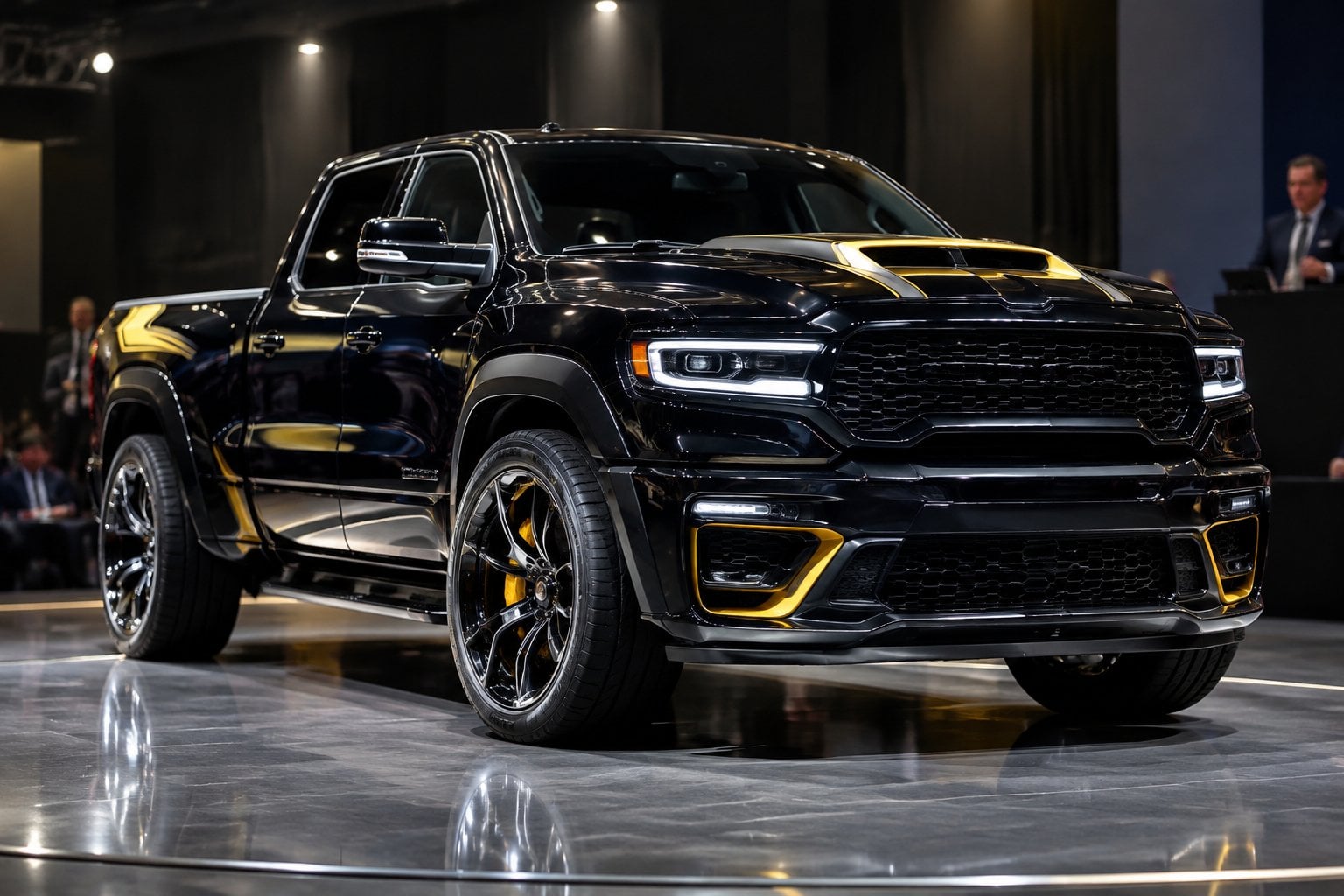 A yellow-and-black performance pickup truck displayed on an auction stage.