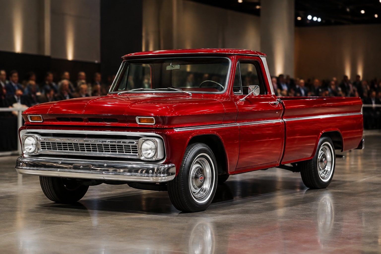 A restored red 1965 Chevrolet C10 pickup truck displayed at an auction.