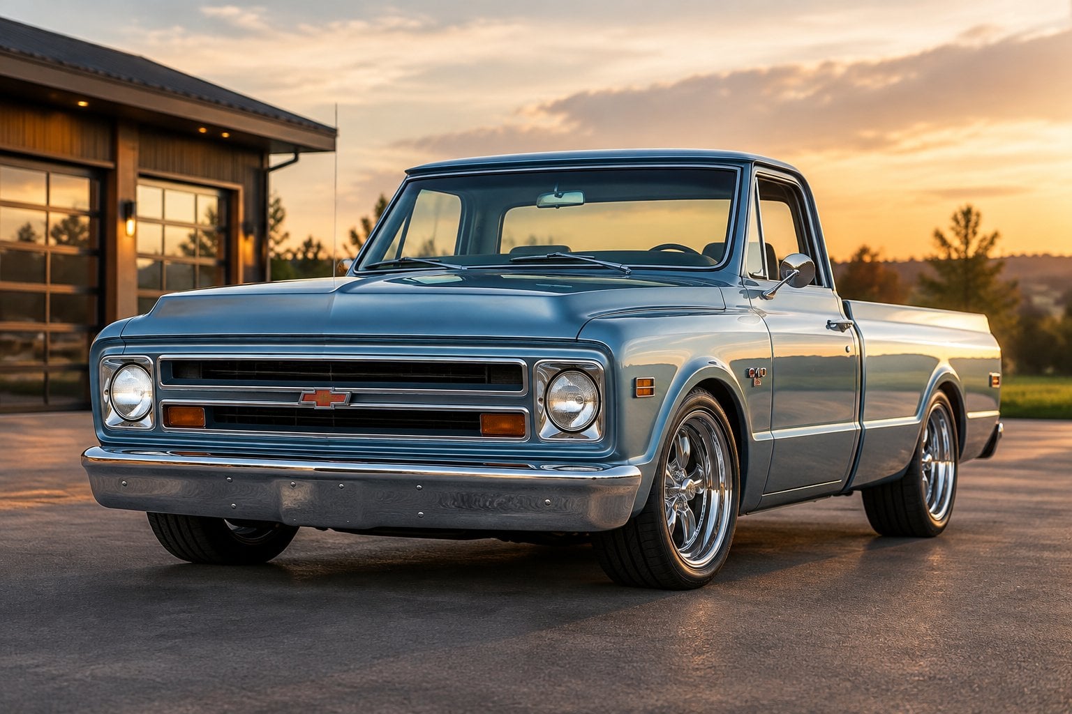 A restored 1967 Chevrolet C10 pickup parked outside a modern garage.