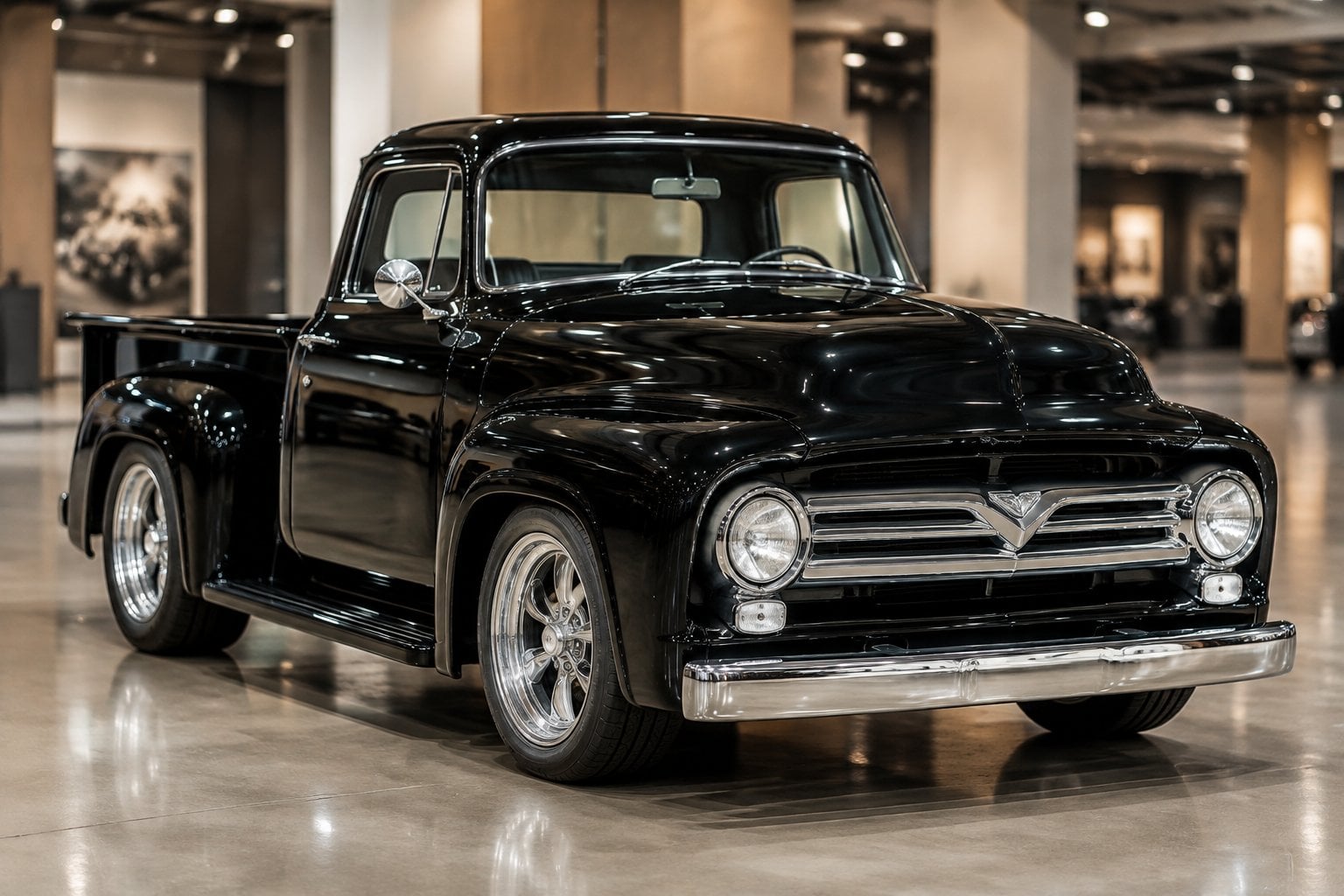A restored vintage Ford pickup displayed in an auction hall.