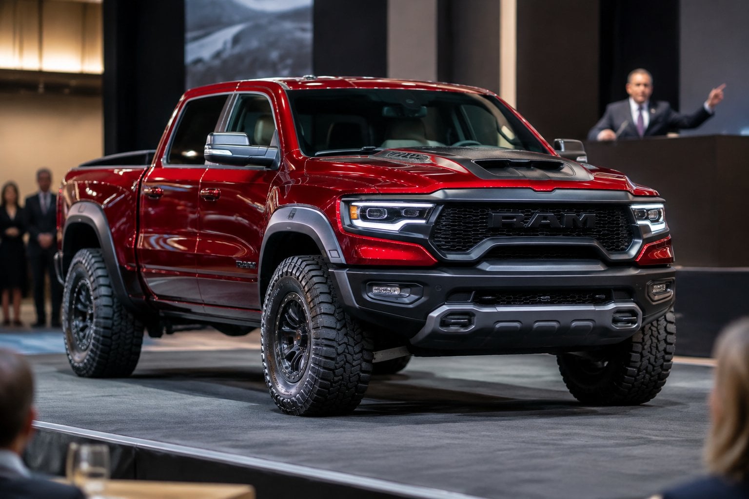 A red pickup truck displayed on an indoor auction stage.