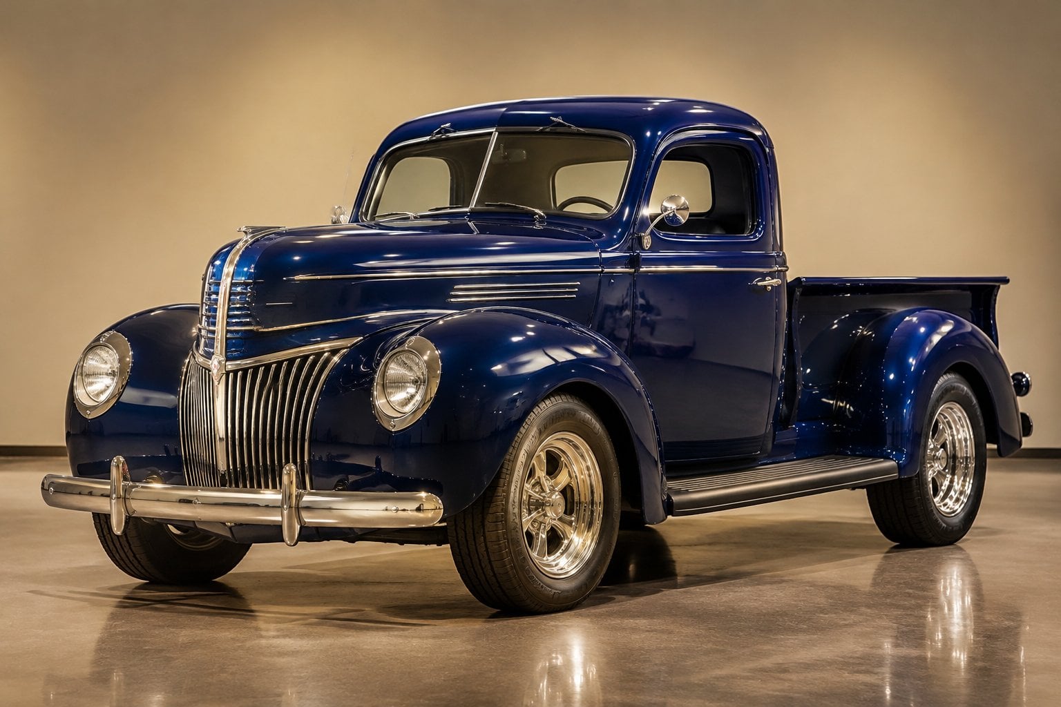A restored vintage Ford pickup displayed at an automotive auction.