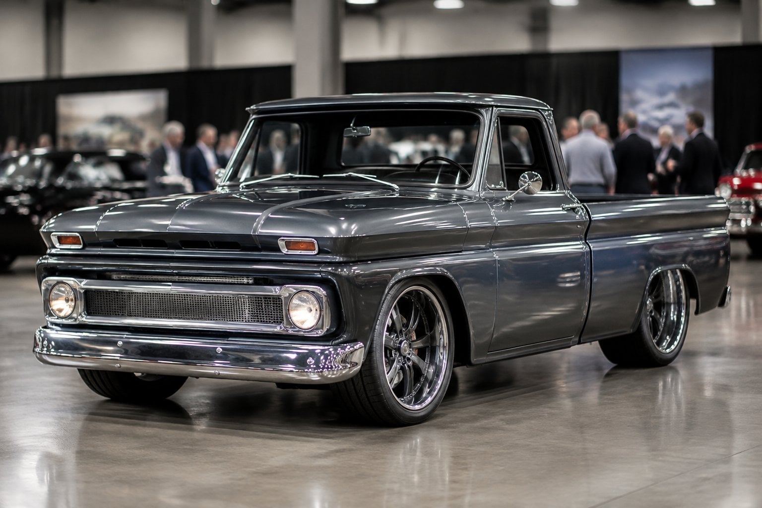 A customized vintage Chevrolet pickup truck displayed at an automobile auction.