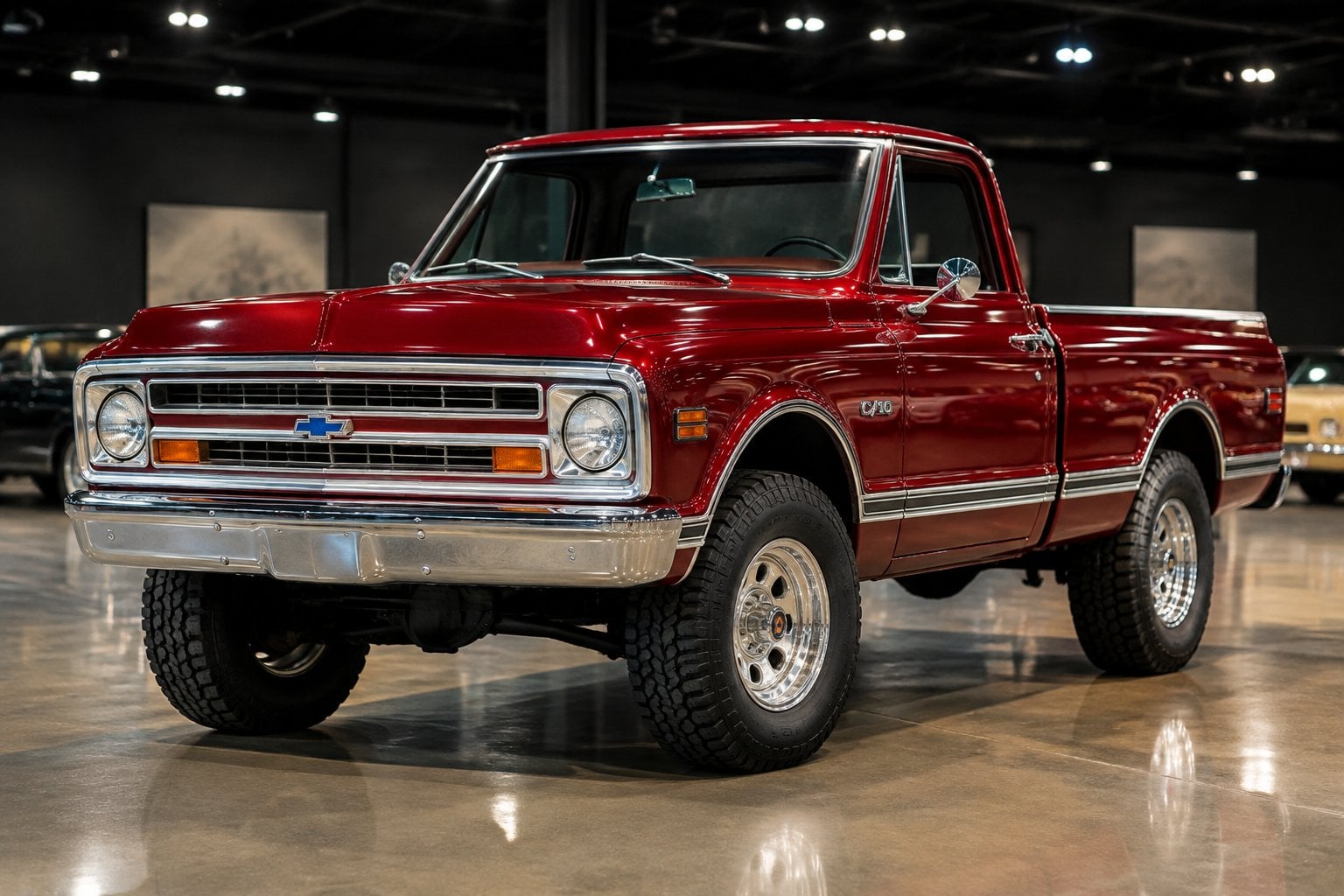 A restored red 1968 Chevrolet K10 pickup truck displayed indoors.