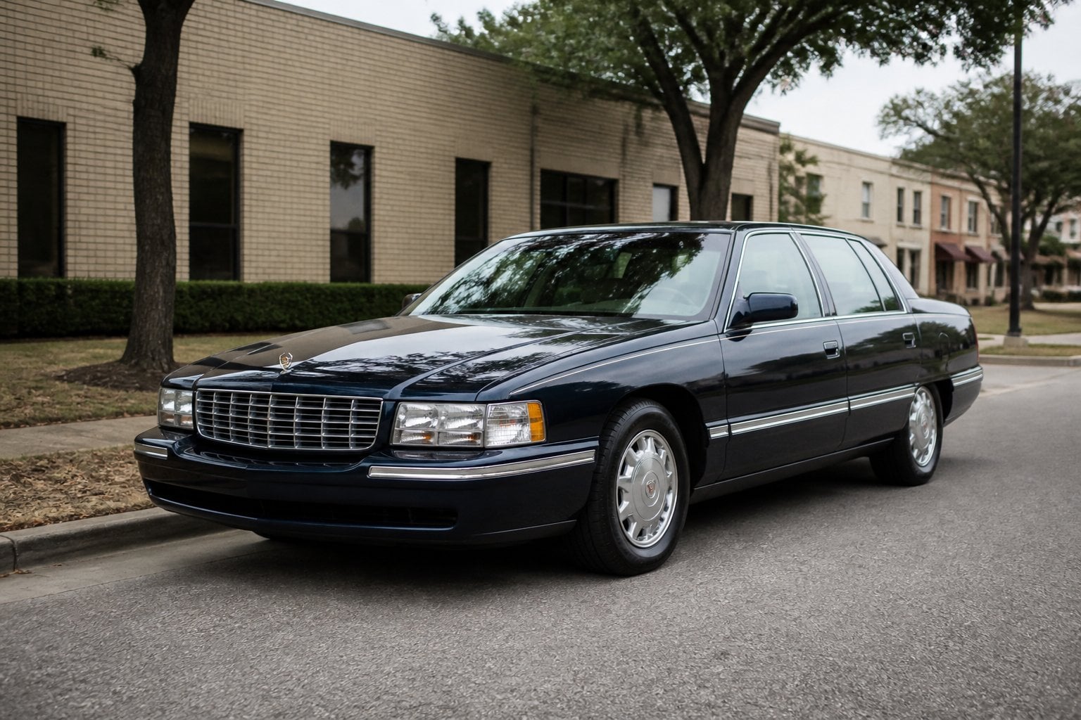 A late-1990s Cadillac DeVille Concours parked on a quiet suburban boulevard.